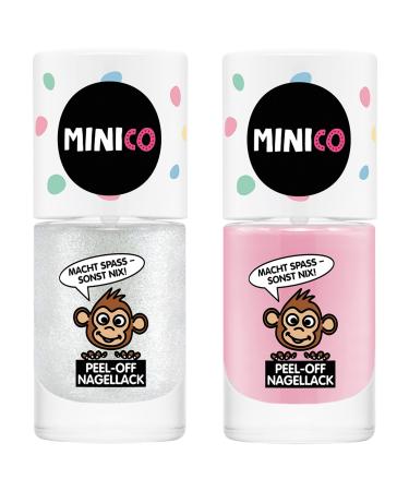 Minico Premium Kinder Nailack 2 Set Glitzer and Pink pull-out dermatological-tested child-friendly sustainable vegan water base peel-off removable 2 pack nail polish glitter & rosa
