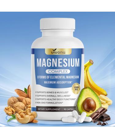 8-in-1 Magnesium Complex 1000mg Advanced Absorption Formula with Magnesium Glycinate Citrate & Malate Promotes Muscle Relaxation Bone Strength & Energy 90 Capsules