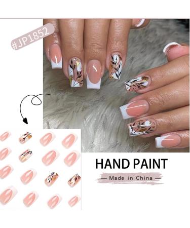 24pcs French False Nails Short - Almond Square Press On Nails - Full Cover Acrylic False Nails With Glue - White-Edged Leaves French Fake Nails for Women and Girls Nail Art - Buy Online on GoSupps.com