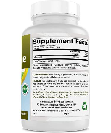 Best Naturals L-Tyrosine 500mg 180 Capsules - Supports Mental Alertness, Energy, Focus & Glandular Balance - Buy Online on GoSupps.com