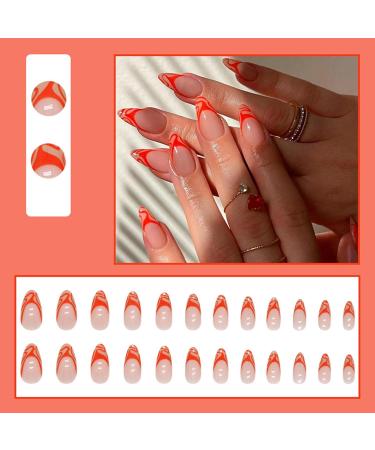 Justotry 24 Pcs Short Dark Orange French Stiletto Press on Nails with Glue - Almond Fake Nails for Women - Buy Online on GoSupps.com