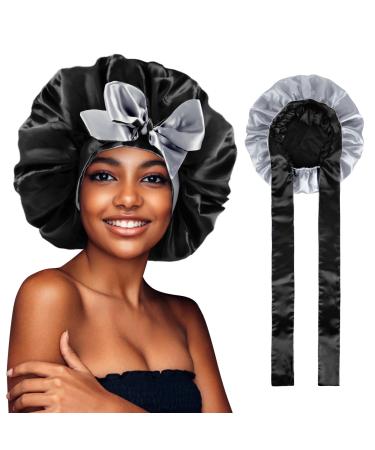 WEIPAO Silk Satin Bonnet - Silk Hair Wrap for Sleeping Satin Bonnet for Curly Hair Sleep Cap Large Double Sided Reversible Hair Bonnet with Tie Band One Size Black+Silver