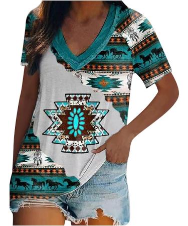Ganfancp Women's Vintage Ethnic Print V-Neck Tee - Green-27, Large | Short Sleeve Loose Blouse for Summer - Buy Online on GoSupps.com