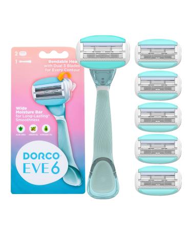 Dorco EVE 6 Razors for Women for Extra Close Shaving  (1 Razor Handle  6 Pcs Razor Blade Refills)  Double 3 Curved Blades with Bend-in-the-middle Razor Head  Womens Razors for Shaving  Interchangeable Cartridge for Sensi...
