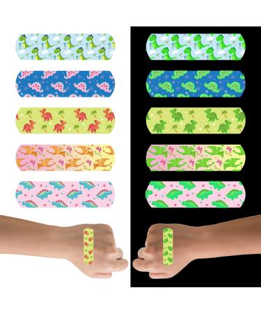 100pcs Luminous Cartoon Bandages with 5 Styles 2.83x0.75in Flex Fabric Cartoon Bandages Waterproof Breathable Bandages to Protect Wounds for Adults Boys Girls(Dinosaur Style)