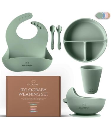 RYLOOBABY Baby Feeding Set 6-Piece Suction Plate Bundle for Baby Weaning Includes Suction Bowl Plate Silicone Bib Baby Cup Baby Spoon and Fork Non-BPA Food Grade Silicone - Cute Colours (SAGE)
