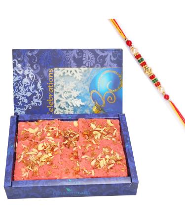 Ghasitaram Gifts Rakhi Gifts for Brothers Rakhi Sweets - Rose Ice Halwa (800 GMS) with Beads Rakhi