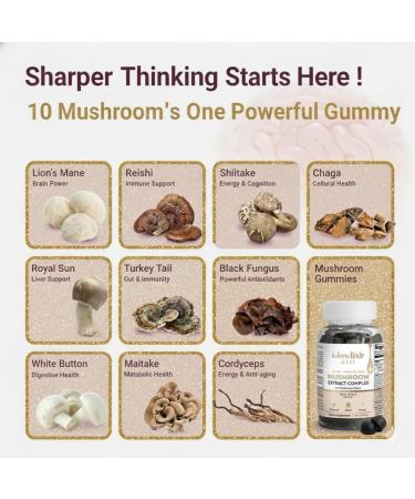 GLOWLIXIR & CO Mushroom Gummies 10X Mushroom Complex with Lion s Mane Reishi Chaga & Cordyceps Focus Memory Energy and Immune Support Vegan Natural Berry Flavor Non-GMO 60 Gummies - Buy Online on GoSupps.com