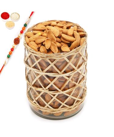 Ghasitaram Gifts Rakhi Gifts for Brothers Cane Glass Jar with Mamra/Mamro Almonds with Rudraksh Rakhi