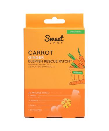 Sweet Chef Carrot Ginger Rescue Blemish Patches - Hydrocolloid Bandages Spot Treatment - 4 Different Shape and Size Pimple Patches with Resurfacing Carrot & Brightening Ginger (36 Patches)