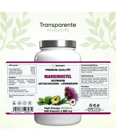 Mariendistel 820mg 240 Capsules w/ Artichokes & Dandelion - 8 Months Supply | High Dose 80% Silymarin Extract | Vegan & High Bioavailability - Buy Online on GoSupps.com