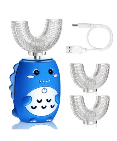 Kids 4inch Electric Toothbrushes U Shaped Ultrasonic Toothbrush Dinosaur Toothbrush Rechargeable Waterproof Toddler Tooth Brush with 2 Brush Heads for Baby 2-12 Years Old, 5 Cleaning Modes (Blue)