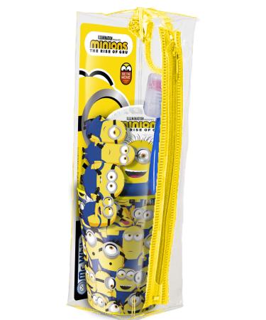 Minions Pouch Set for Kids Include Manual Toothbrush with Suction Cup & Travel Cap Mild Mint Flavour Toothpaste 75ml and Beaker by Mr. White