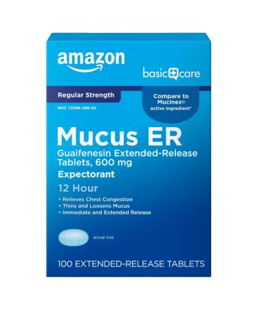 Amazon Basic Care Guaifenesin Cough and Mucus Relief Extended-Release Tablets, 600 mg, 12 Hour Expectorant Caplet 100 Count