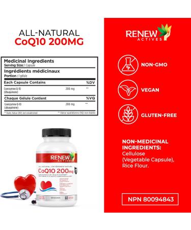 Renew Actives CoQ10 Ubiquinone Supplement: 200mg CoenzymeQ10 Caps - Cardiovascular Helps with Migraine & Headaches & Immune System Health Boost - High Potency Oxidized CoQ10-60 Capsules (2packs) 60 count (Pack of 2) - Buy Online on GoSupps.com