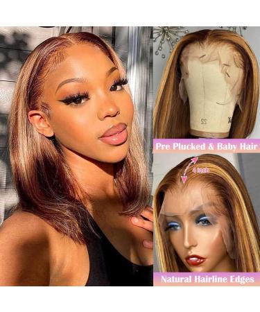 Ombre Bob Wig Human Hair 12 Inch HD Lace Front 4/27 Highlight Glueless Pre Plucked 150 Density Short Honey Blonde Bob Wig with Baby Hair for Black Women - Buy Online on GoSupps.com