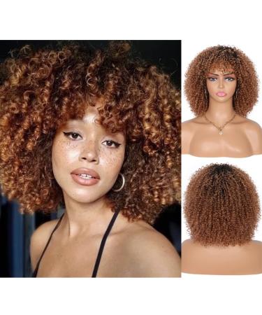 Kalyss Short Afro Kinky Curly Wigs for Black Women Premium Synthetic Afro Curly Full Wigs with Hair Bangs (Ombre Brown)