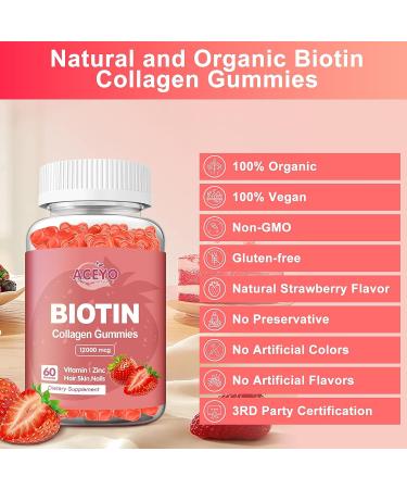 ACEYO Organic Biotin Collagen Gummies 12000mcg for Hair Growth with Zinc Women Men Skin and Nails Care Supplements Vitamins Vegan Strawberry Flavor 1 Pack - Buy Online on GoSupps.com