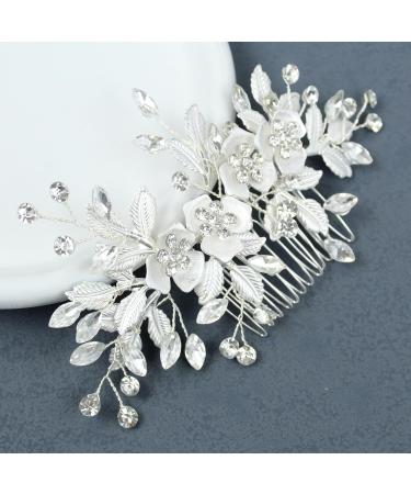 PTORIZNY Wedding Rhinestone Hair Comb Crystal Bride Hair Combs Flower Side Hair Combs Leaf Headpiece Bridal Hair Accessories for Women and Girls (Silver)