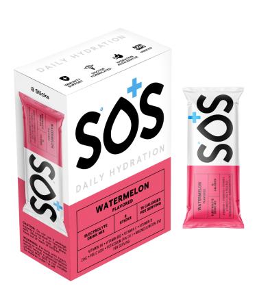 SOS Hydration Electrolyte Powder Drink Mix Packets | Daily Hydration & Energy | Added Essential Vitamins | Low Sugar | 8 Servings (Watermelon) Watermelon 1.69 Ounce (Pack of 1)