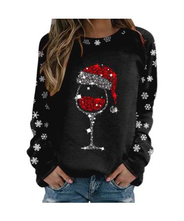 Women's Christmas Sweatshirts Cute Snowman Penguin Print O-Neck Raglan Top Shirt Pullover Comfy Warm Xmas Jumper Winter Long Sleeve Tops Loose Tunic Top Sweaters Z34-black XXL