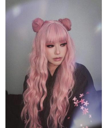 YEESHEDO 28 Inch Long Pink Synthetic Wavy Wig with Fringe for Women - Ideal for Party, Cosplay, or Daily Wear - Buy Online on GoSupps.com
