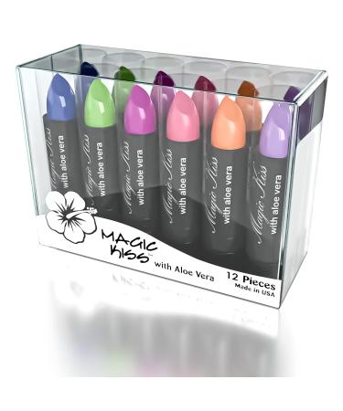 Magic Kiss Pack of 12 Color Changing Aloe Vera Lipstick Set Made in USA (Colors of Aloha 01)