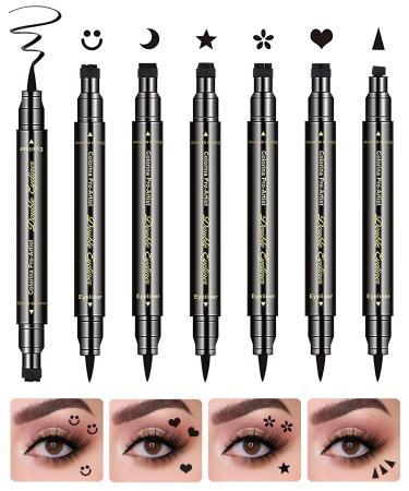 Enfuntins 6 Pcs Eyeliner Stamp  Black Double-Ended Liquid Eye Liner Pen Waterproof Long-Lasting SmudgeProof Tattoo Eye Makeup Set Winged  Smiley  Star  Moon  Heart  Flower