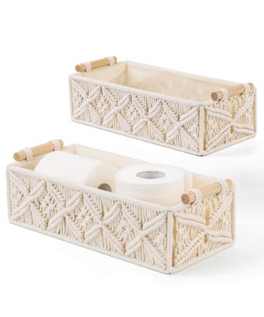 TIMEYARD Macrame Storage Baskets for Toilet Paper, Small Decorative Shelf Baskets for Bedroom, Bathroom, Living room, Boho Decor Box for small items, Set of 2, Beige