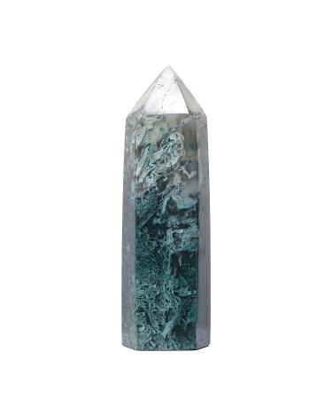 Runyangshi Natural Aquatic Agate Healing Crystals Wands 3.3"-3.5" Point Moss Agate Single Point Healing Crystal Tower Green Water Plant Agate 6 Faceted Chakra Stones Prism Home Decor Aquatic Agate 3.3"-3.5"(8.5-9cm)