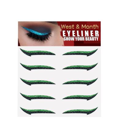 Stick On Glitter Eyeliner - 5 Pairs Instant -Adhesive Eyeliner Stencil Glitter - Easy to Apply Eyeliner Tool Sticker Eyeliner Winged Eyeliner Stencil for Eye Makeup Tool Pochy Green (Five Pairs)