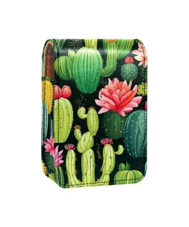 Travel Lipstick Organizer Case Lipstick Case Portable Makeup Bag With Mirror Cactus Green Cacti Plants C310c4nako