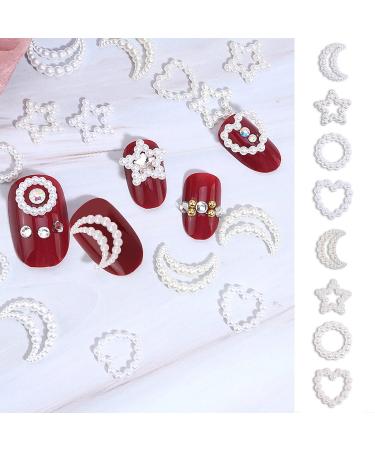 100Pcs Pearls Nail Charms Multi-shaped Acrylic Heart Star Circle Bowknot Kawaii Assorted White Pearls 3D Nail Art Charms for Nail Art DIY Crafting S13
