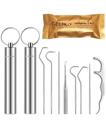 Toothpicks Pocket Set, Dental Floss Picks Kit Reusable, Stainless Steel Teeth Cleaning Tools, Tooth Picker Oral Hygiene Travel (2 Set)