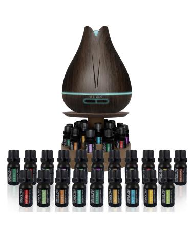 Aromatherapy Essential Oil Diffuser Gift Set with 20 Oils and Rotating Display Stand - 400ml Ultrasonic Diffuser with 20 Essential Plant Oils - 4 Timer & 7 Ambient Light Settings