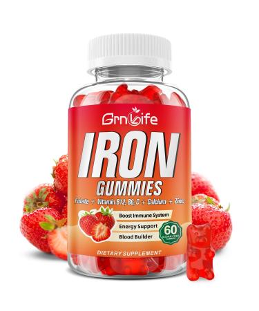 Iron Gummies for Women Men & Kids Sugar Free Iron Supplement with Calcium Zinc Folate & Vitamin B12 C B6 - for Blood Building & Energy Support Anemia Strawberry 60 Count 60 Count (Pack of 1)