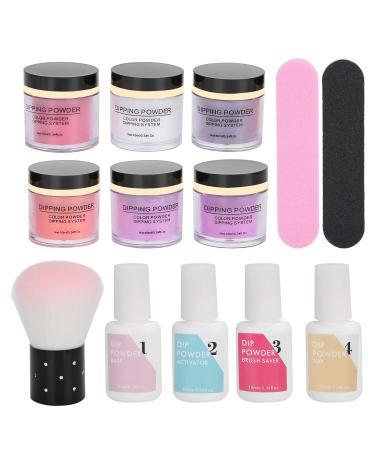 Nail Dipping Powder Set - Nail Kit Starter Nail Art Powder Professional Top Base Coat Gel Dust Brush 6 Color Manicure Tool Set for Nail Artist Salon Home Use (K1213)