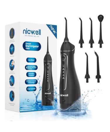 Water Dental Flosser Cordless for Teeth - Nicwell 300ml Dental Oral Irrigator, Portable and Rechargeable IPX7 Waterproof Powerful Battery Life Water Teeth Cleaner Picks for Home Travel Black