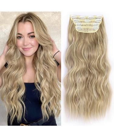 ALXNAN Clip in Long Wavy Synthetic Hair Extension 20 Inch Dirty Blonde 4PCS Thick Hairpieces Fiber Double Weft Hair for Women