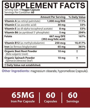Iron Supplement for Women & Men, 65mg Ferrous Bisglycinate Chelate, Slow Release Iron with Vitamins A C E B6, B12, Folate, Organic Spinach & Beet Root Powder, for Blood Flow & Energy Support, 60 Caps 60 Count (Pack of 1) - Buy Online on GoSupps.com
