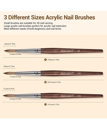 Modelones 3pcs Kolinsky Acrylic Nail Brush Set - Sizes 8/10/12 | For Acrylic Powder, Nail Extensions, 3D Nail Carving | Round Shaped Brushes with Wooden Handle - Buy Online on GoSupps.com