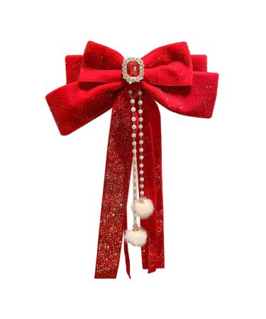 AFBORD Faux Pearl Hair Barrette Double-layeded Bow Clip Women's Exquisite Double-layered Butterfly Bell Star Decor Red Festive New Year Christmas Style D