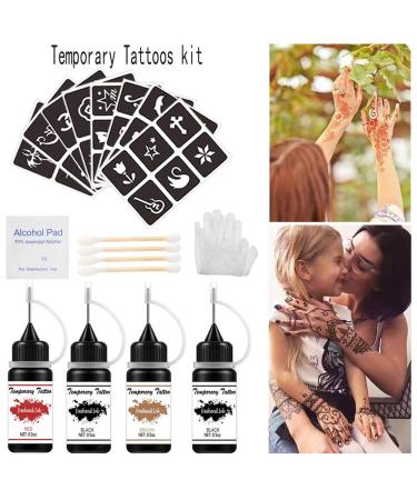 TOFD Temporary Tattoo Kit - Semi Permanent Freehand Ink for Body Art - 30 Pcs Free Tattoo Stencils - Full DIY Kit with 4 Bottles 2oz - Buy Online on GoSupps.com