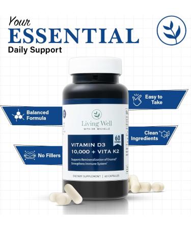 Living Well with Dr. Michelle Vitamin D3 10 000 IU with K2 Immune Teeth Bone Health Support Non-GMO Gluten & Dairy Free 60 Day Supply 60 Capsules - Buy Online on GoSupps.com