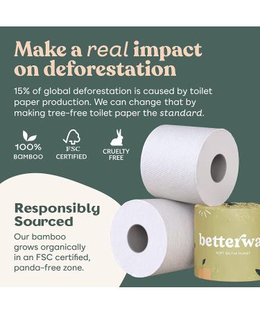 Betterway Bamboo Toilet Paper 3 PLY - Eco-Friendly & Sustainable Tissue | 12 Double Rolls, 360 Sheets Per Roll | Septic Safe, Organic, Plastic-Free | FSC Certified - 12 Count Pack - Buy Online on GoSupps.com