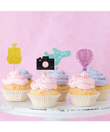 24pcs Travel Themed Cupcake Toppers Hot Air Balloon Airplane Cake Decor Pink&Blue Glitter Camera Cupcake Picks for Baby Shower Retirement/Travel Themed Party Decoration - Buy Online on GoSupps.com