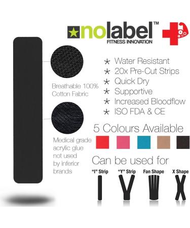 NO LABEL Black Pre-Cut Kinesiology Tape - 5m Roll x 2 - Sports, Medical & Physio Tape for Muscle Recovery - Free PDF Guide - Buy Online on GoSupps.com