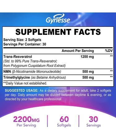 Liposomal 2200mg High Dose Softgel with NMN 500mg, Trans-Resveratrol 1200mg, TMG 500mg - 3-in-1 Antioxidant for Anti-Aging, Cell Repair - 120 Softgels (2 Pack) - Buy Online on GoSupps.com