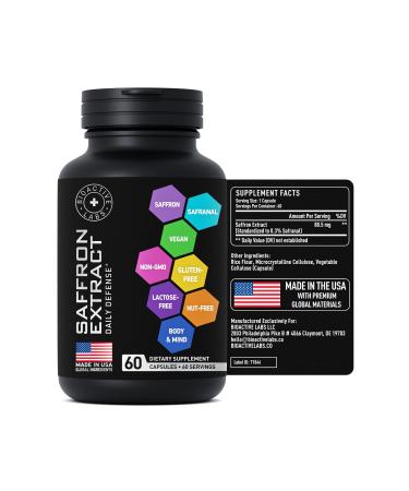Saffron Supplements for Adults Capsule - Concentrated 88.5mg Safranal Optimized Saffron Pills - Crocin  Crocetin  Kaempferol - Gluten-Free  Non-GMO - 1-a-Day 60 Vegan Saffron Extract Capsules
