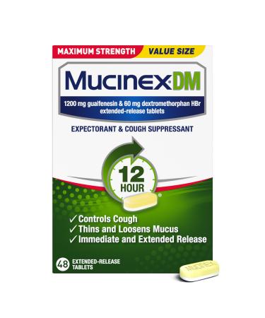 Mucinex DM 12Hr Maximum Strength Chest Congestion & Cough Medicine for Adults Cold and Cough Medicine for Excess Mucus Relief 1200 mg Guaifenesin & 60 mg Dextromethorphan HBr 48 Bi-Layer Tablets